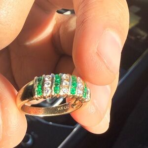 Vintage 14k diamond and emerald channel-set ring